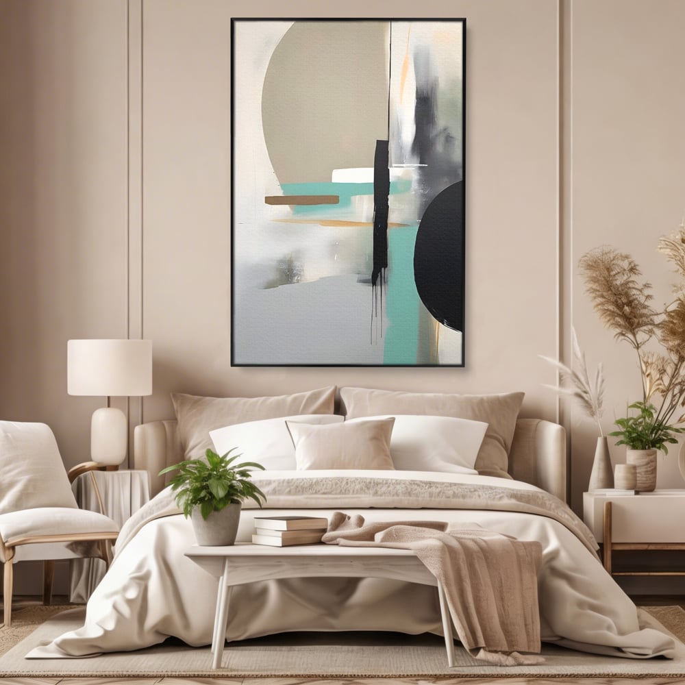 Tablou canvas cu tablou canvas cu forme abstracte, in rama de aluminiu negru, pe perete intr-un dormitor